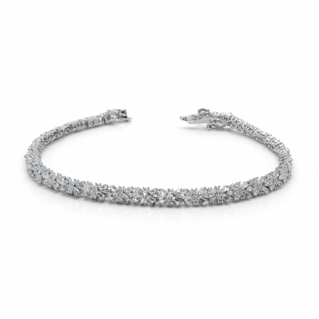Silver bracelet with clear stones on a white background