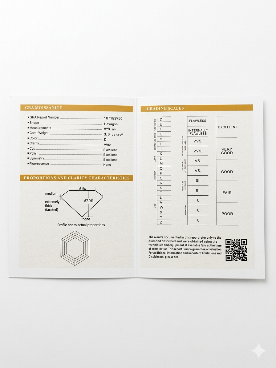 Diamond grading report with detailed measurements and characteristics on a white background