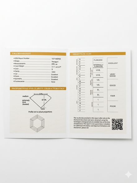 Diamond grading report with detailed measurements and characteristics on a white background