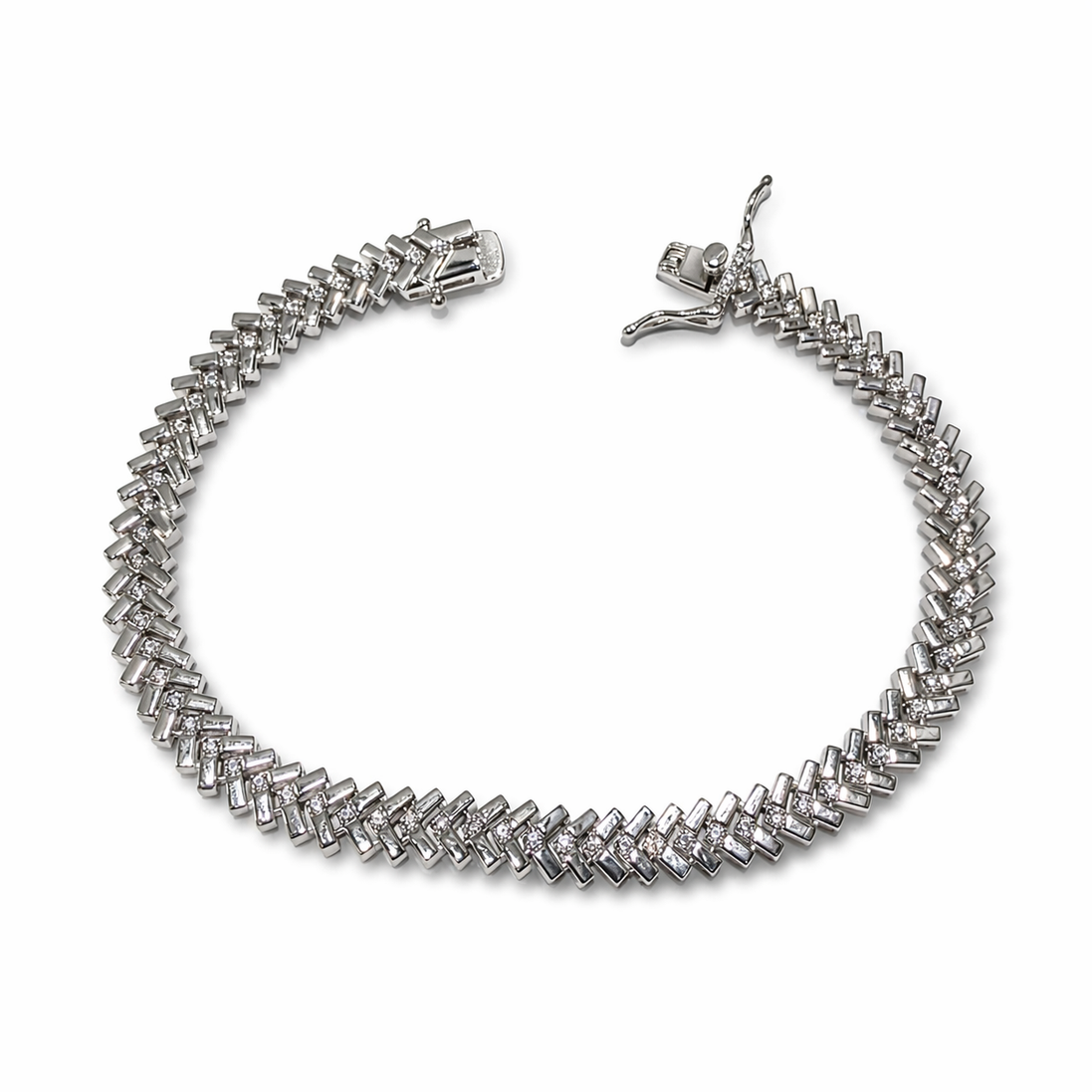 Silver bracelet with cubic zirconia stones on a white background