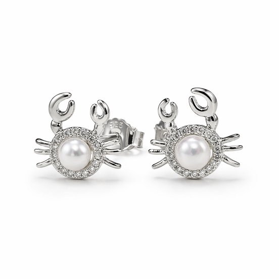Silver earrings - minimalistic crabs with pearls